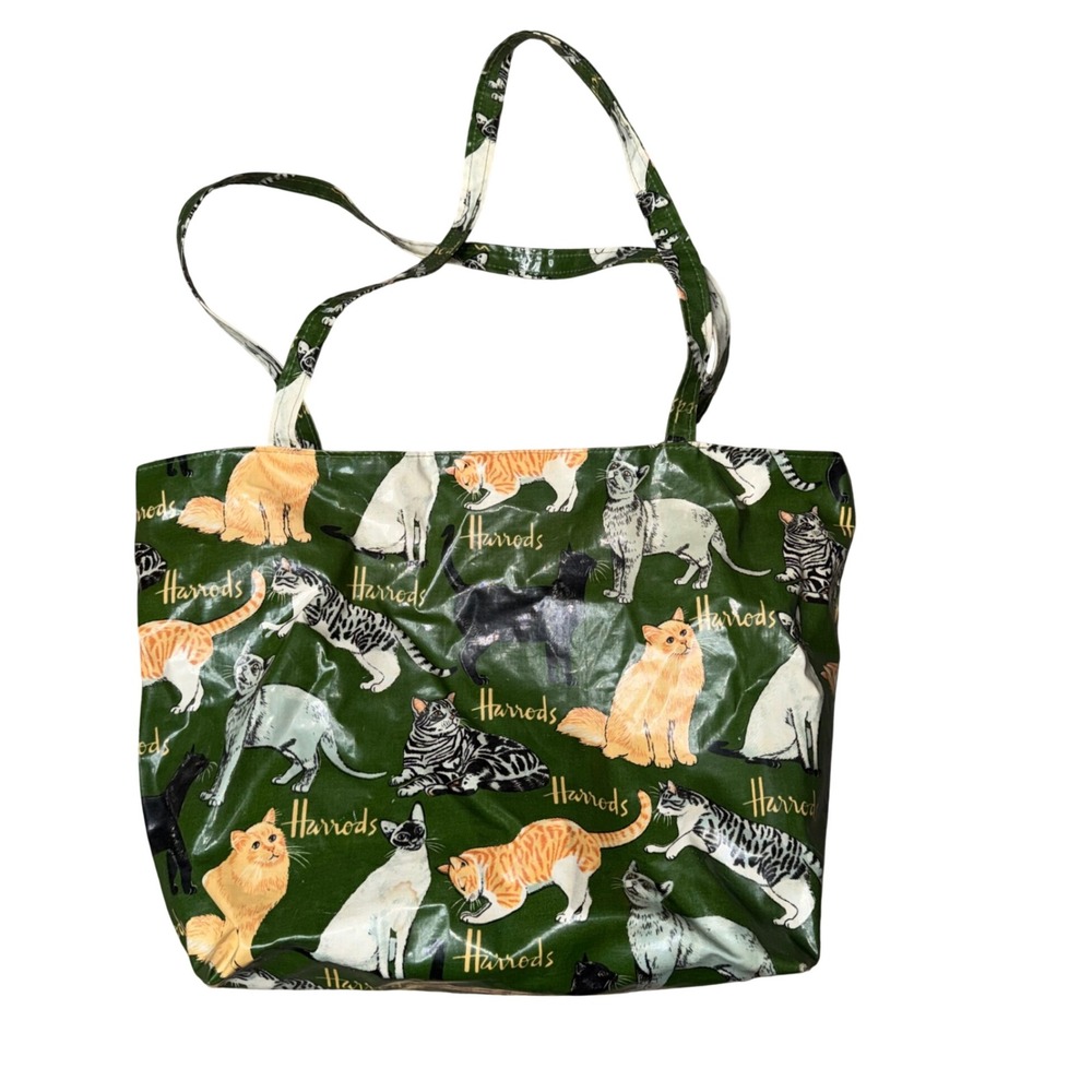 Harrods Tote Bag Womens Large Green Cat Print PVC Coated Excellent Zip Top